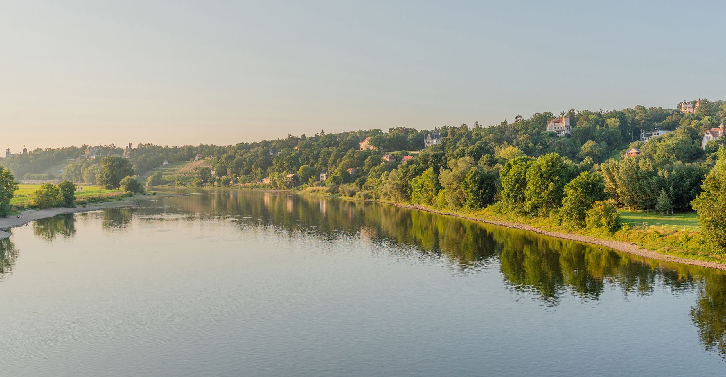 Panoramablick auf die Elbe, die Bäume und historische Villen an einem grünen Hang mit einem fernen Turm widerspiegelt.