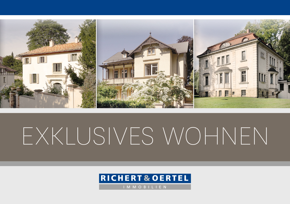 Drei unterschiedliche luxuriöse Wohngebäude, mit Text 'EXKLUSIVES WOHNEN' und 'RICHERT & OERTEL IMMOBILIEN' Logo.