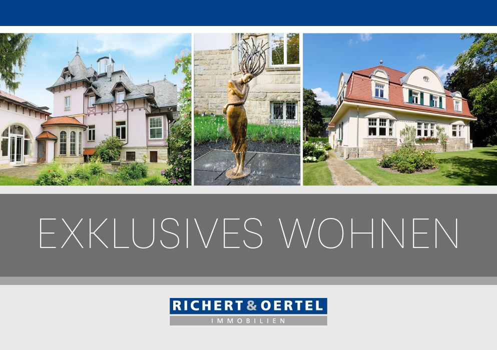 Collage zweier Luxusimmobilien (rosa historische Villa, weißes Haus mit rotem Dach) und einer modernen Bronzebrunnen-Skulptur. Richert & Oertel Immobilien Logo.