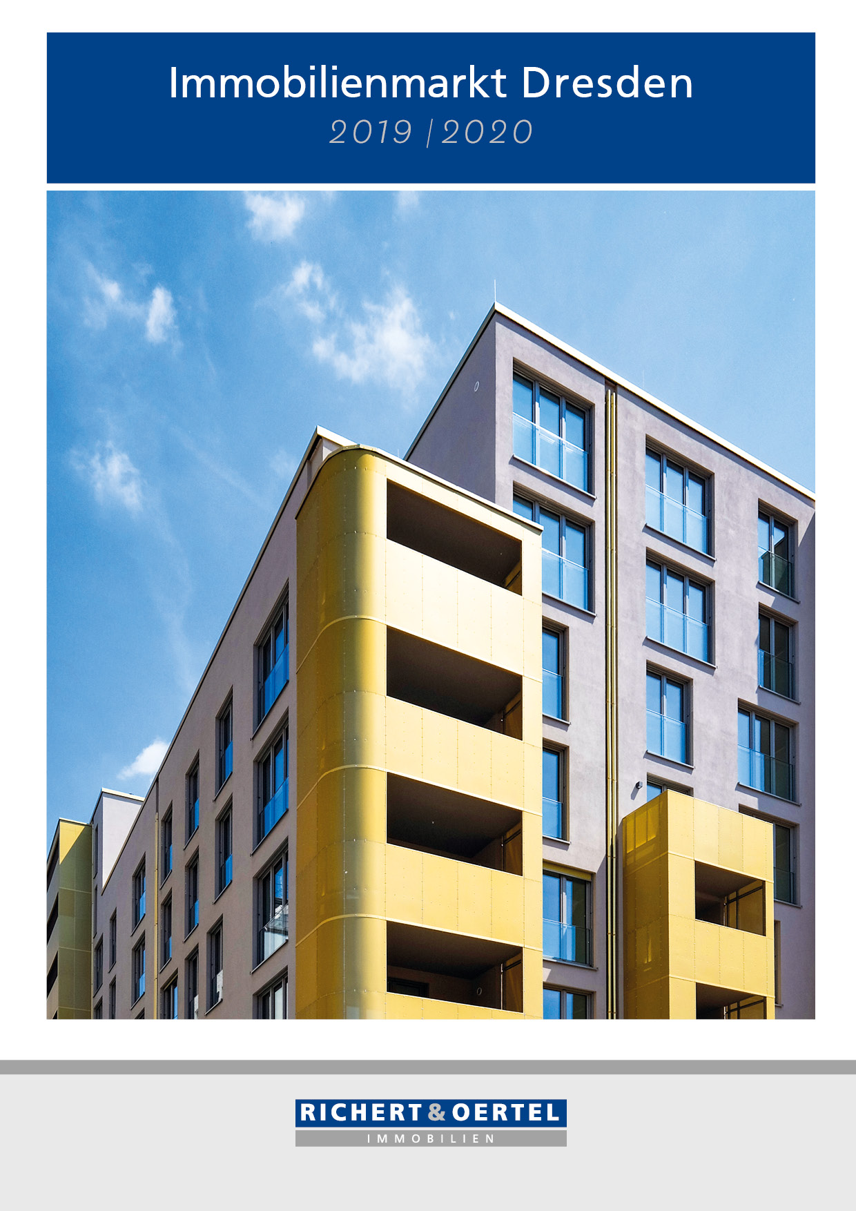Titelseite des Berichts "Immobilienmarkt Dresden 2019 | 2020" mit modernen Gebäuden und gelben Balkonen.