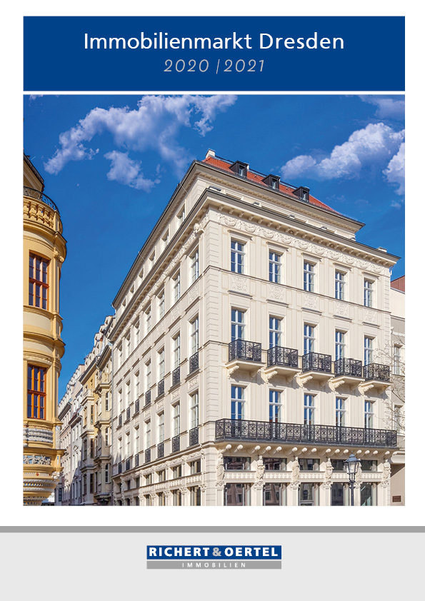 Titelbild Immobilienmarkt Dresden 2020/2021 mit historischen Gebäuden und Richert & Oertel Logo.