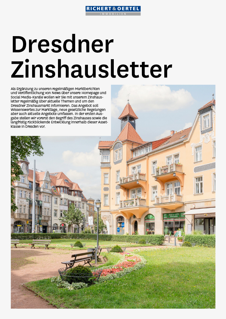 Titelseite des 'Dresdner Zinshausletter' von Richert & Oertel, mit historischen Dresdner Gebäuden und einem Park.