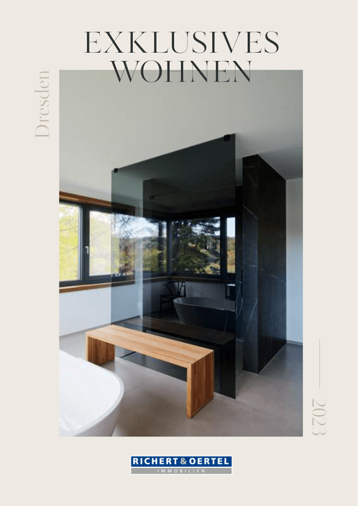 Werbebild für Richert & Oertel Immobilien Dresden 2023, zeigt ein luxuriöses, modernes Badezimmerinterieur.