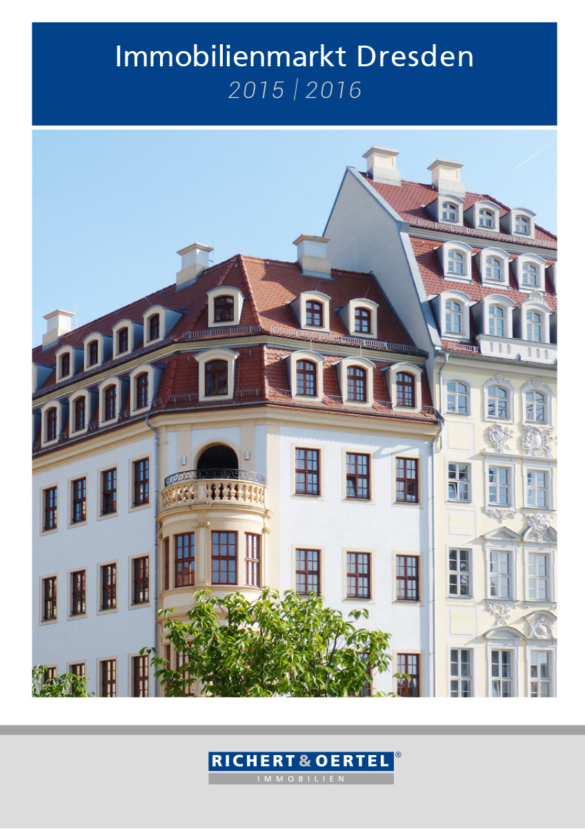Titelseite des "Immobilienmarkt Dresden 2015/2016" Berichts, mit klassischen Gebäuden, roten Dächern und blauem Himmel.
