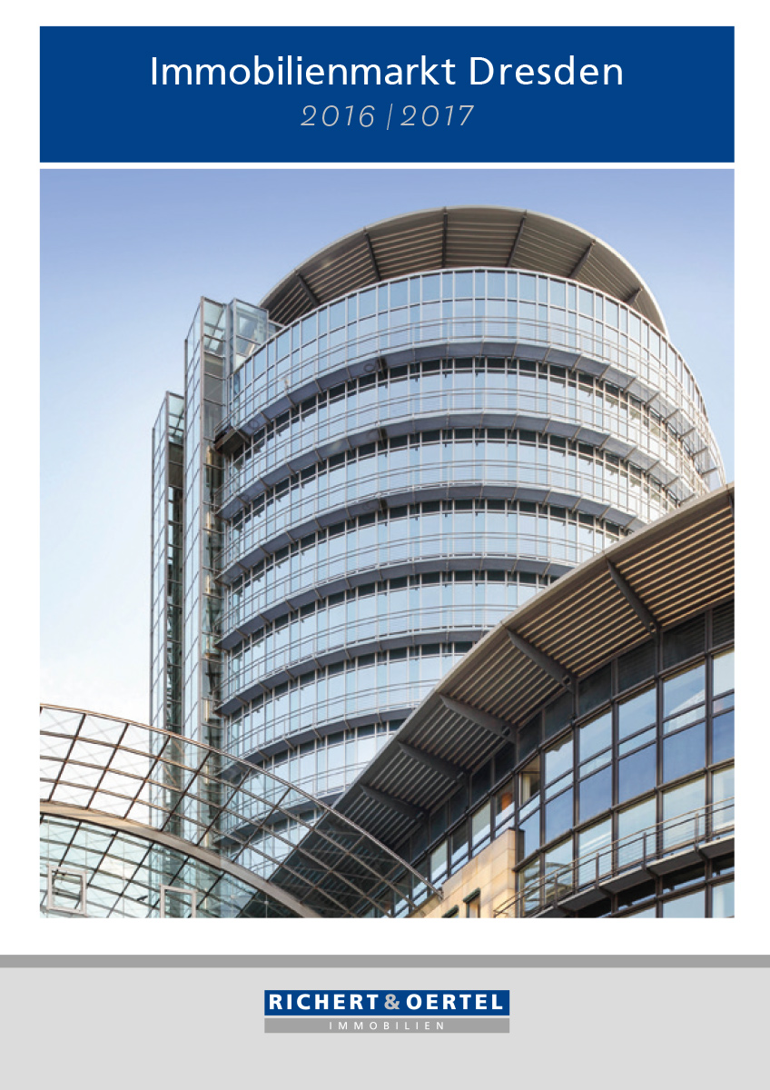 Titelseite des Berichts "Immobilienmarkt Dresden 2016/2017" mit modernem Glasgebäude. Richert & Oertel Logo unten.