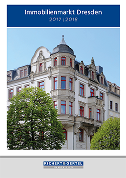 Titelseite des Berichts "Immobilienmarkt Dresden 2017/2018" mit einem historischen Gebäude.