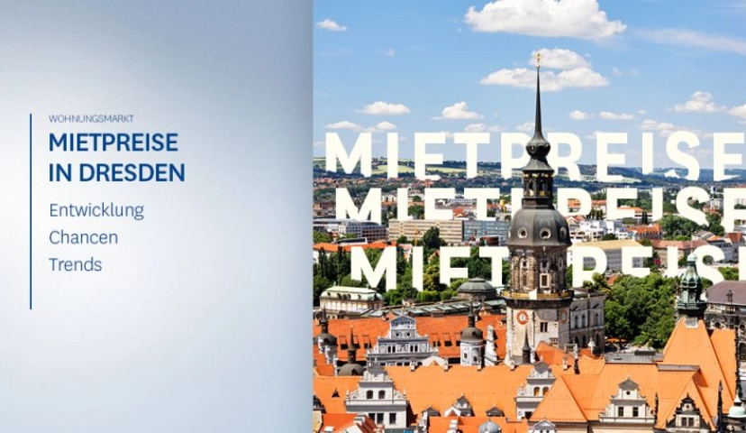 Text 'Mietpreise in Dresden: Entwicklung, Chancen, Trends' neben einem Dresdner Stadtbild mit 'MIETPREISE'.