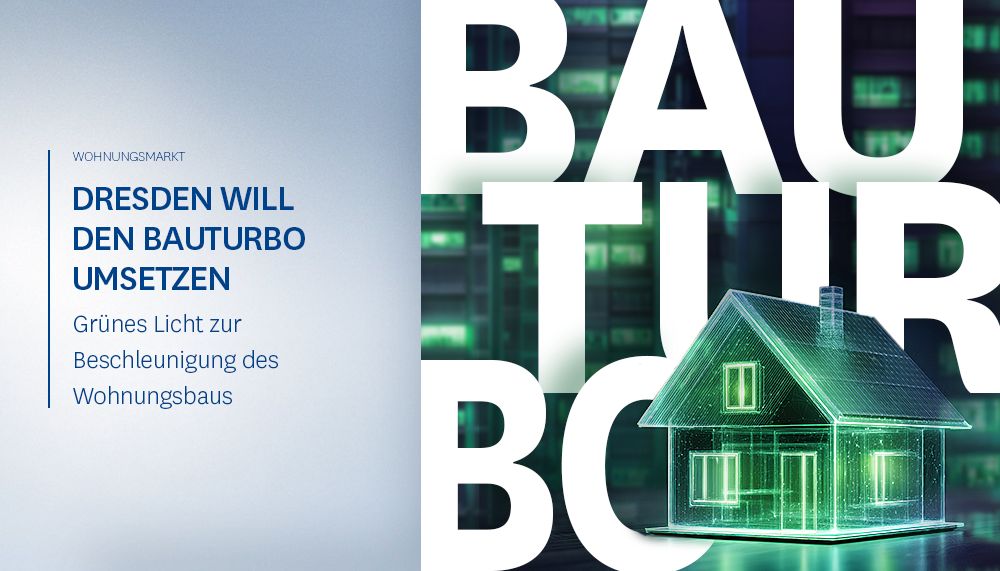 Grafik: Dresdens Bauturbo-Initiative mit grün leuchtendem Drahtgitterhaus, Solarpaneelen und Stadtgebäuden im Hintergrund.