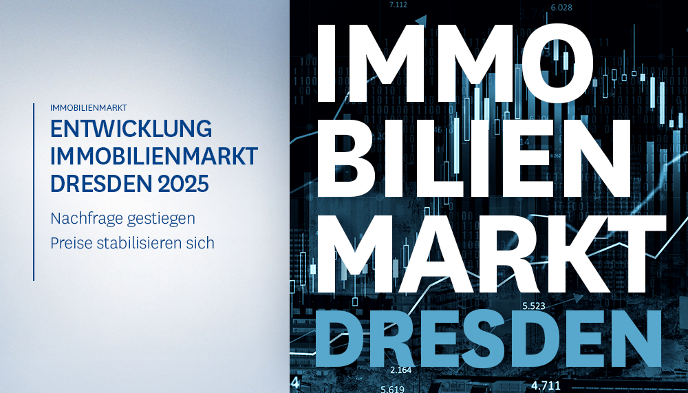 Titelbild: „Entwicklung Immobilienmarkt Dresden 2025“ mit gestiegener Nachfrage und stabilen Preisen, überlagert von Marktdiagrammen.