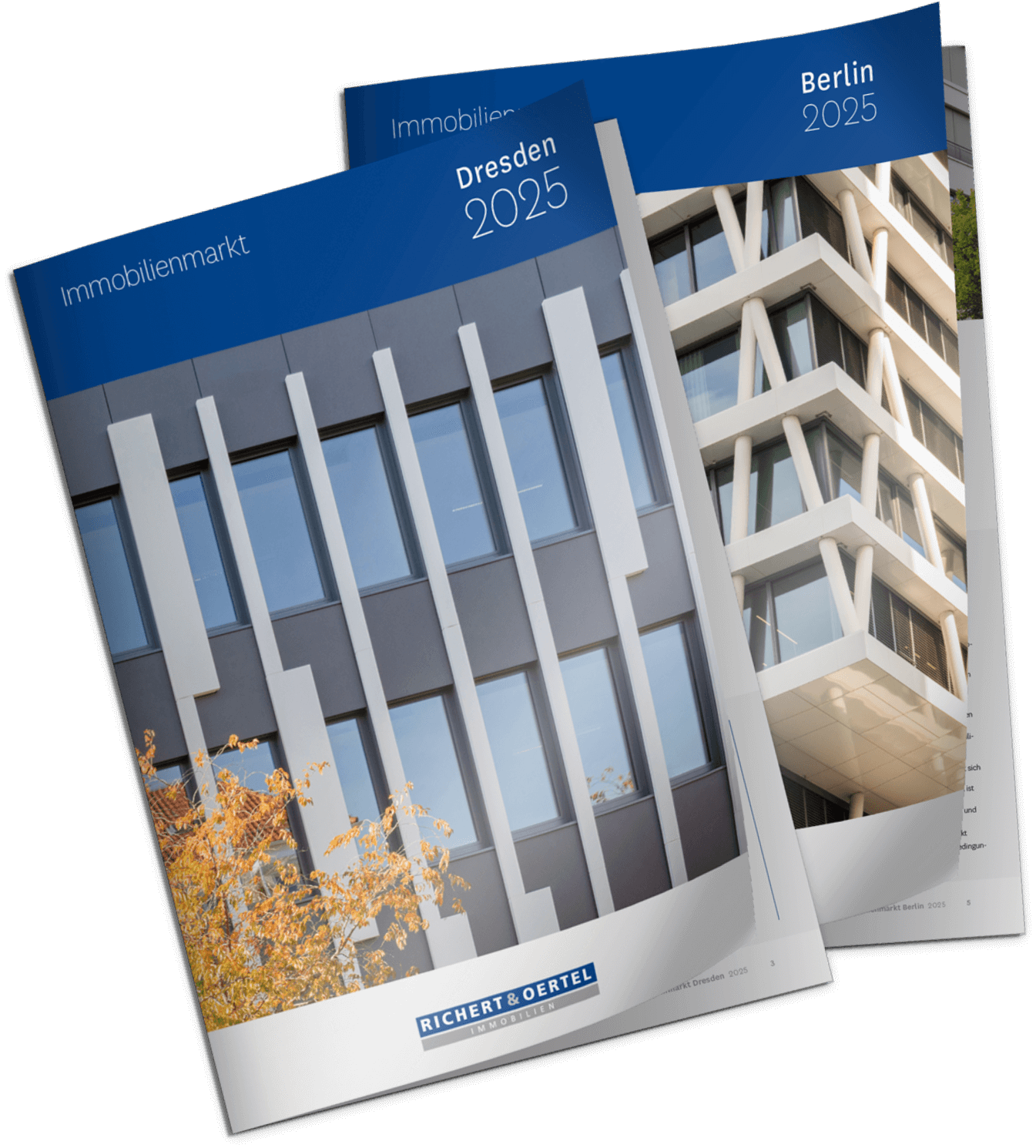Cover der Immobilienmarktberichte von Richert & Oertel für Dresden und Berlin 2025, mit modernen Gebäuden.