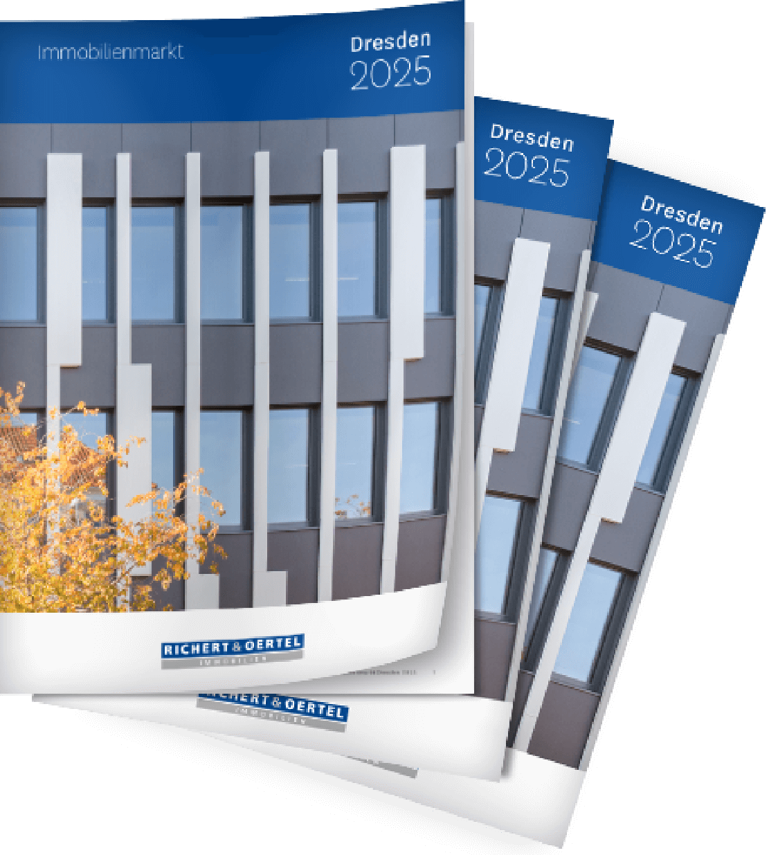 Drei Exemplare des „Immobilienmarkt Dresden 2025“-Berichts, zeigen ein modernes Gebäude und das Richert & Oertel Logo.